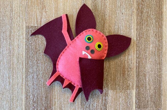 felt hand sewn bat with eyes made from circles of felt