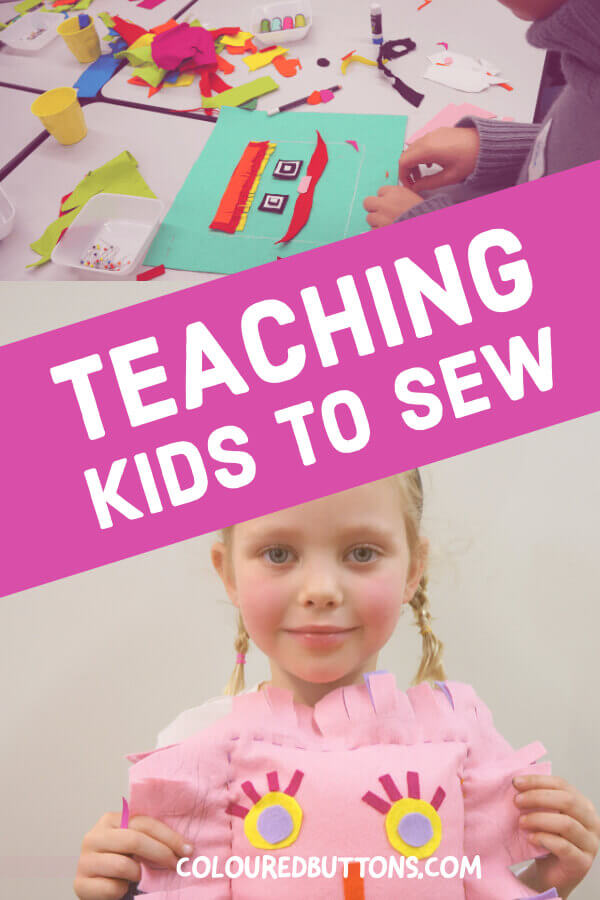 Teaching kids to sew and girl holding a softie she made